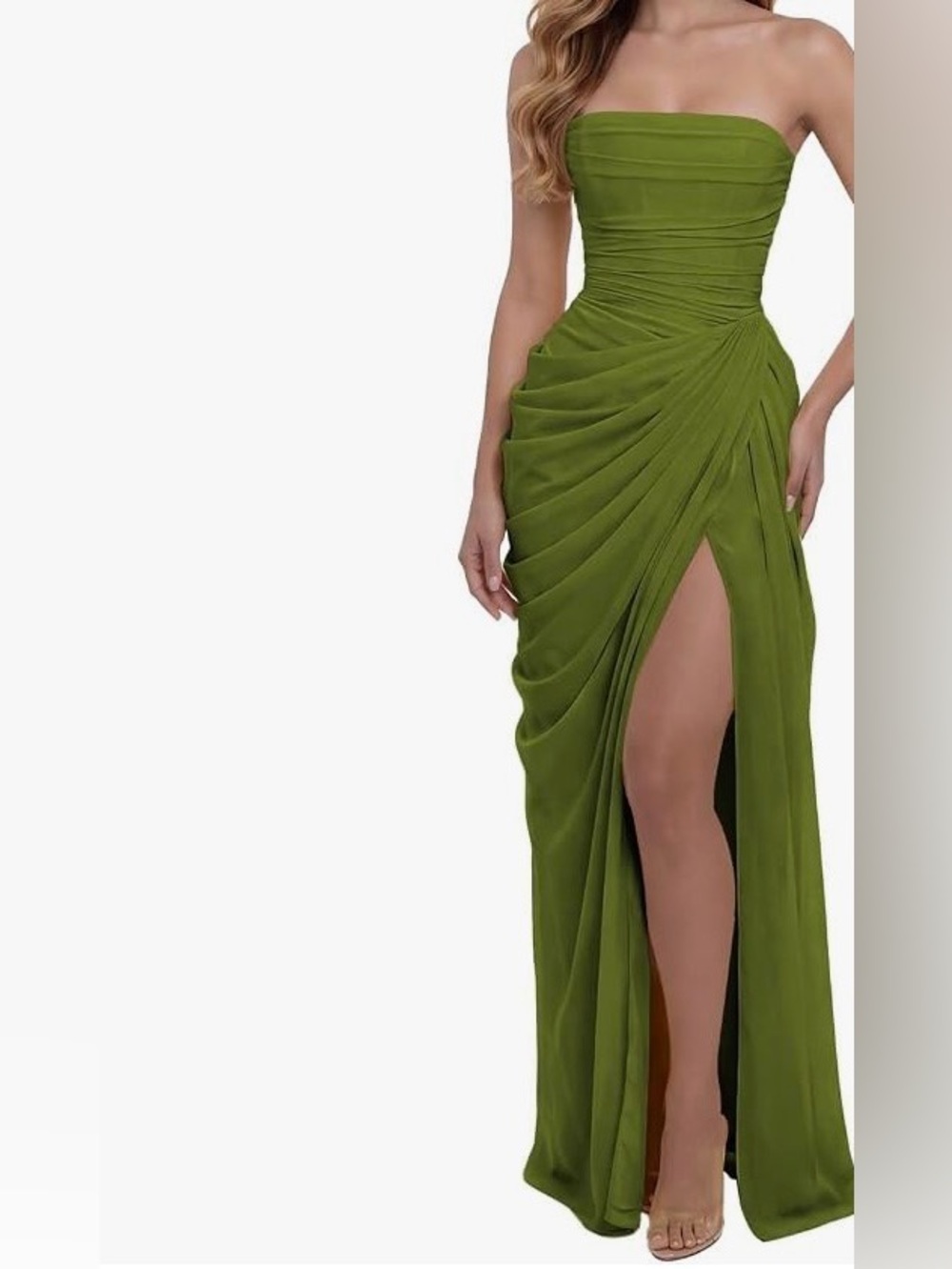 Green Strapless Draped Evening Dress